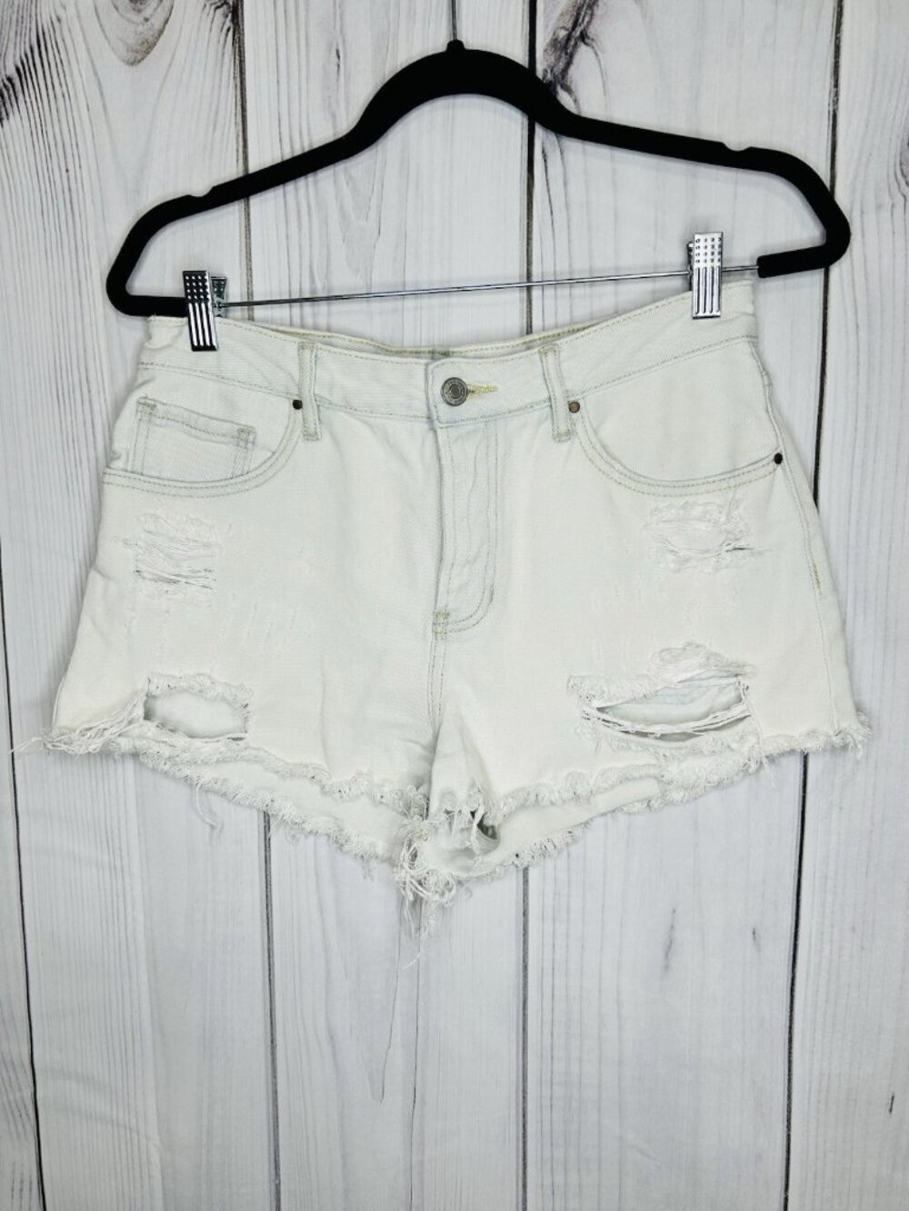 Pacsun Light Wash Jean Shorts Sz 28 Mid Rise Blue Distressed Button Fly Raw Hem - Picture 1 of 7